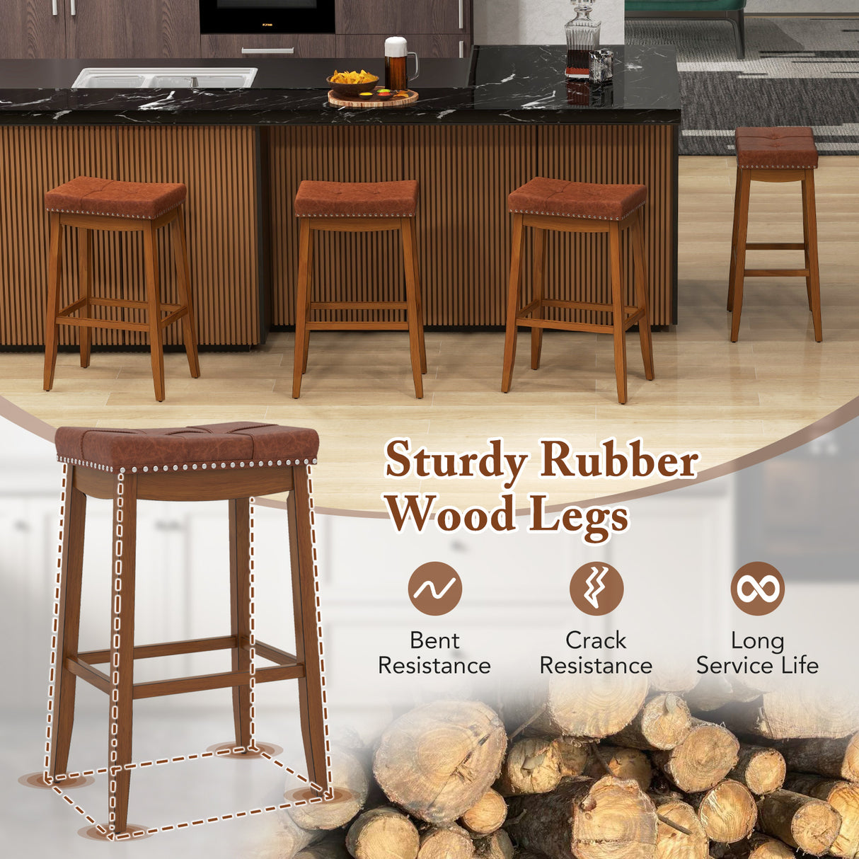 25/29 Inch Set of 2 Upholstered PU Leather Bar Stools with Saddle Seat