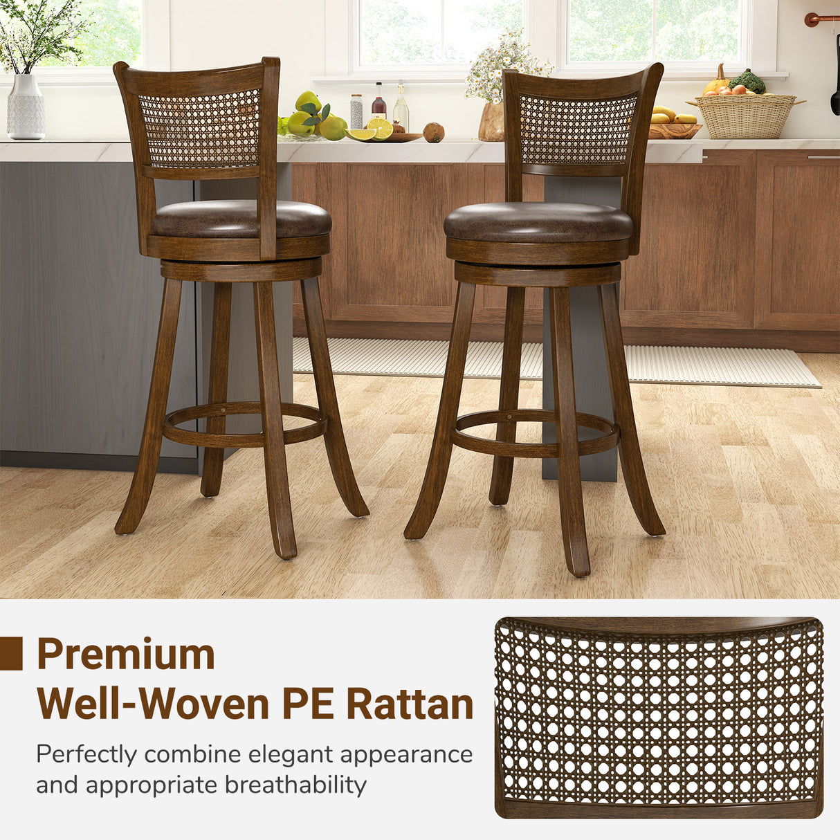 29 Inches Swivel Counter Height Barstool Set of 2 with Rattan Backrest and Footrest-Brown