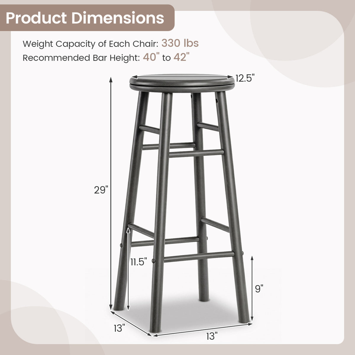 29" Swivel Bar Stools Set of 2 with Footrests & Crossbars