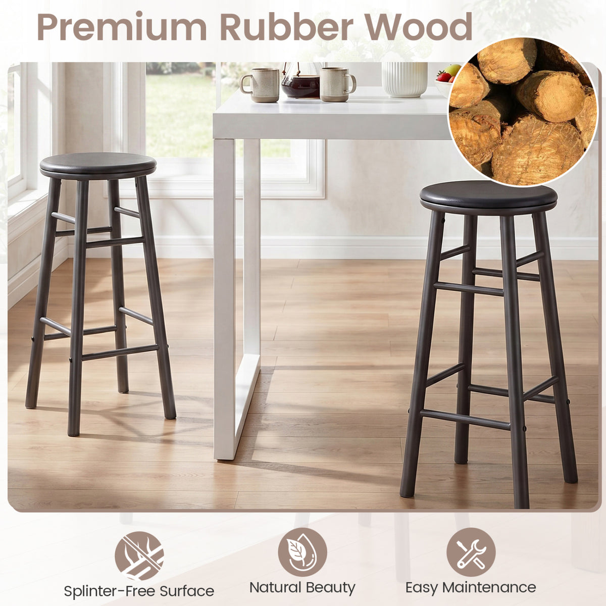 29" Swivel Bar Stools Set of 2 with Footrests & Crossbars