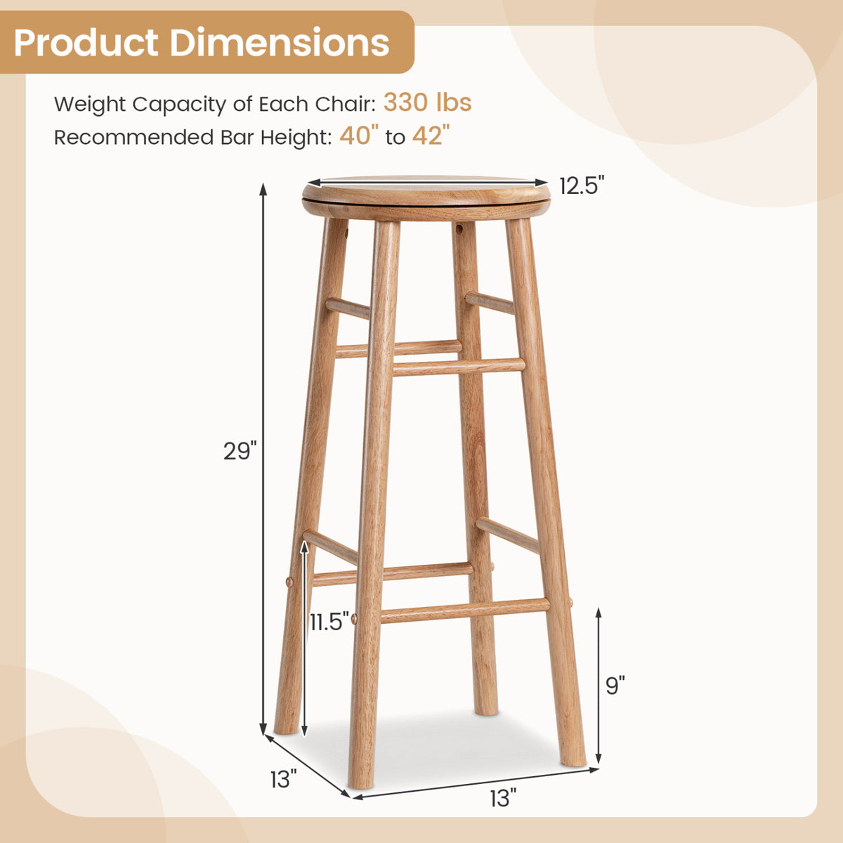 29" Swivel Bar Stools Set of 2 with Footrests & Crossbars