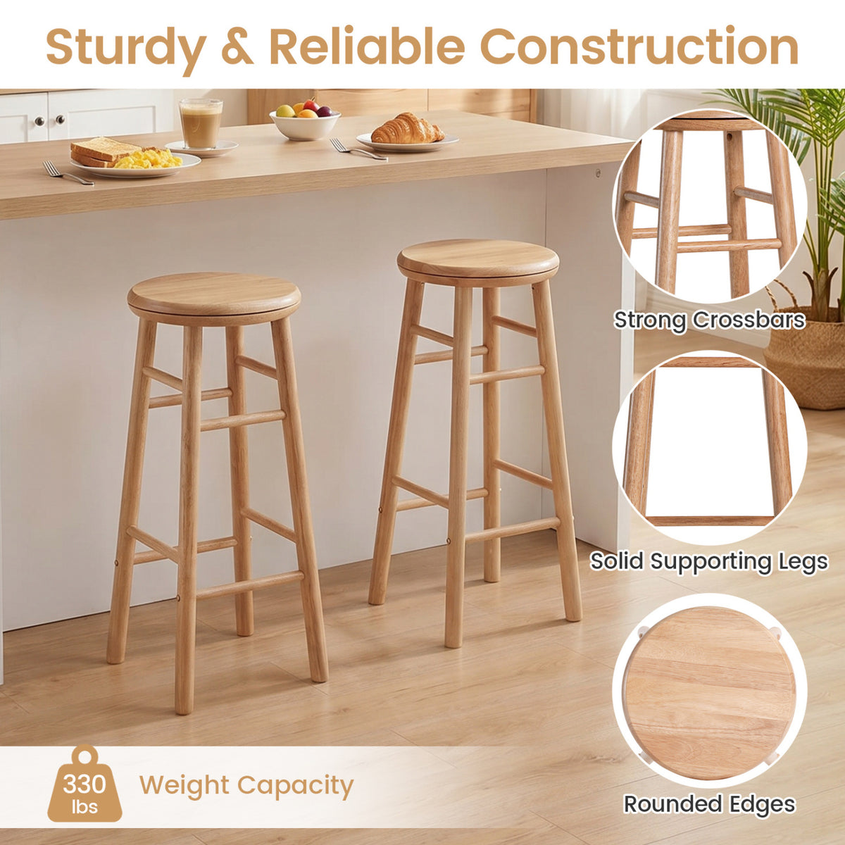 29" Swivel Bar Stools Set of 2 with Footrests & Crossbars