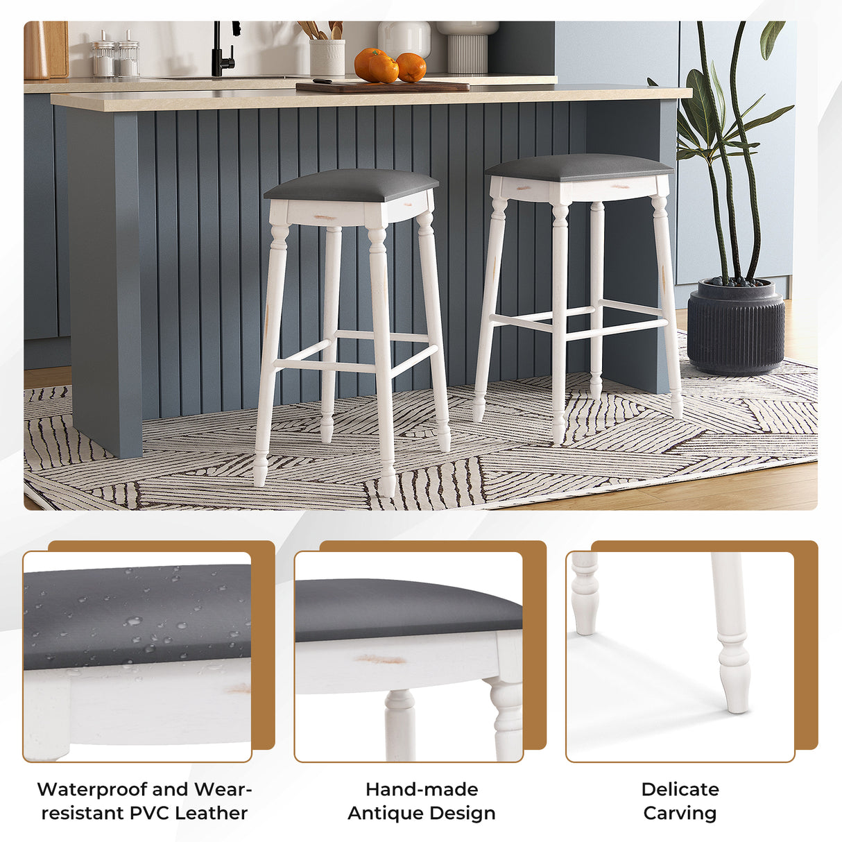 24 Inch Bar Stool Set of 2 with Padded Seat Cushions and Wood Legs