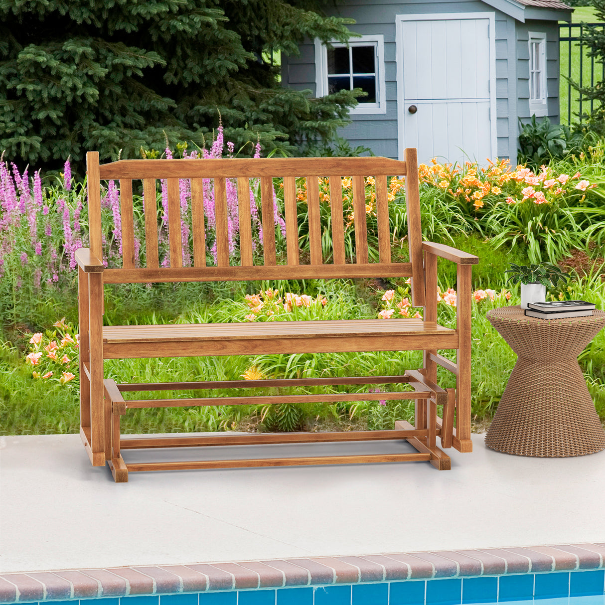2 Seats Outdoor Glider Bench with Armrests and Slatted Seat