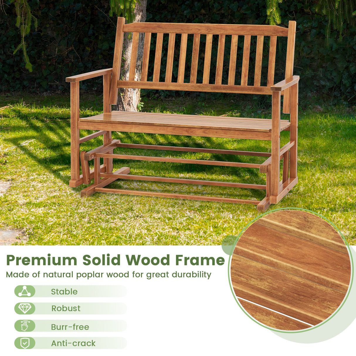 2 Seats Outdoor Glider Bench with Armrests and Slatted Seat
