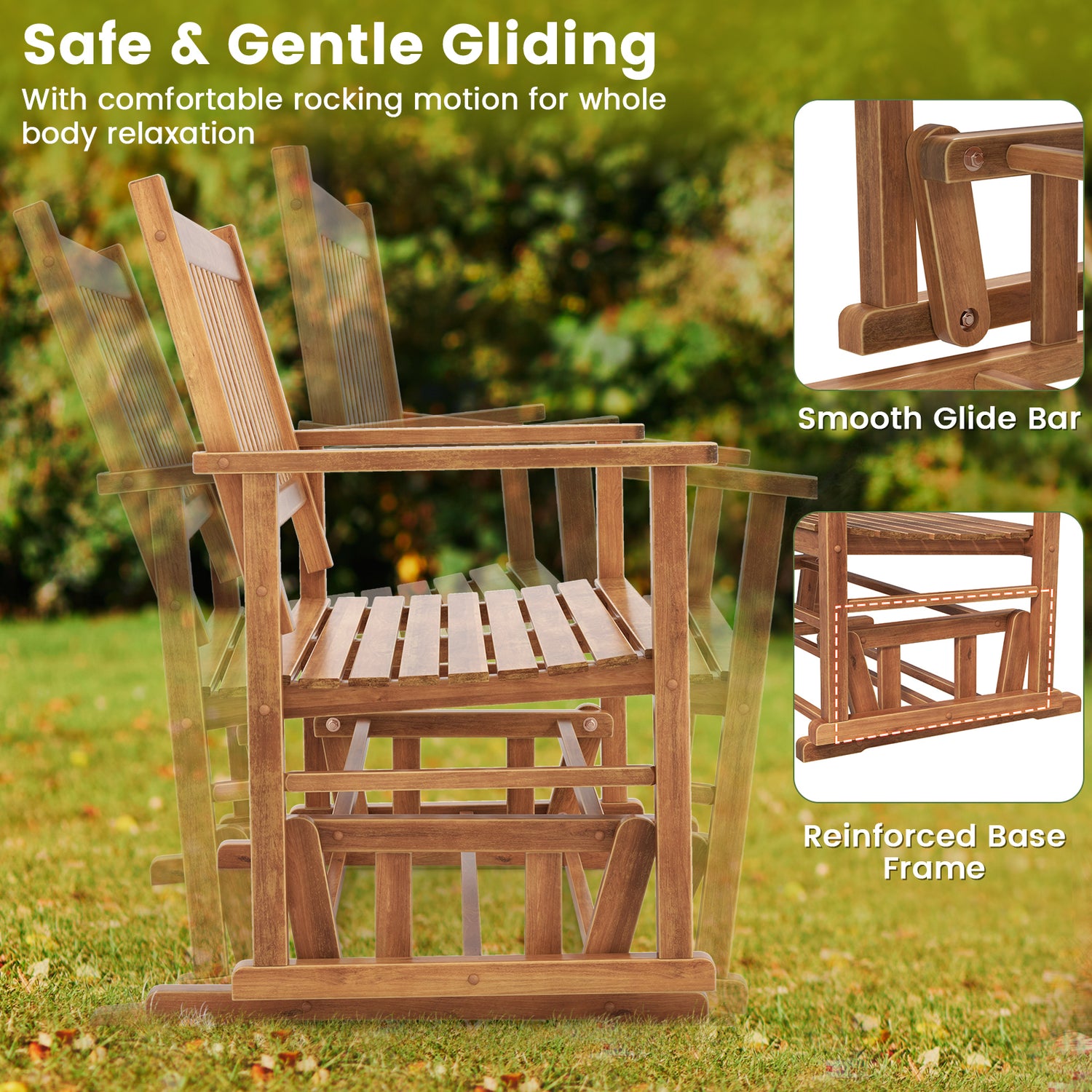 2 Seats Outdoor Glider Bench with Armrests and Slatted Seat