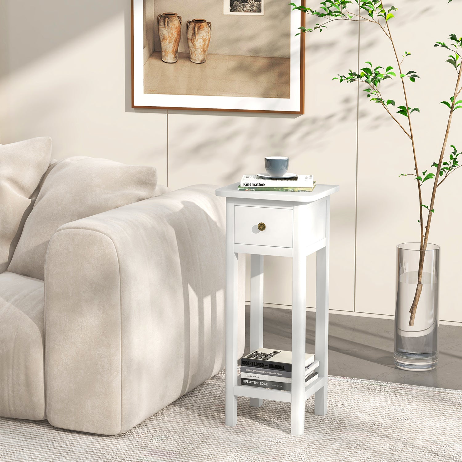 2 Tier Slim Nightstand Bedside Table with Drawer Shelf