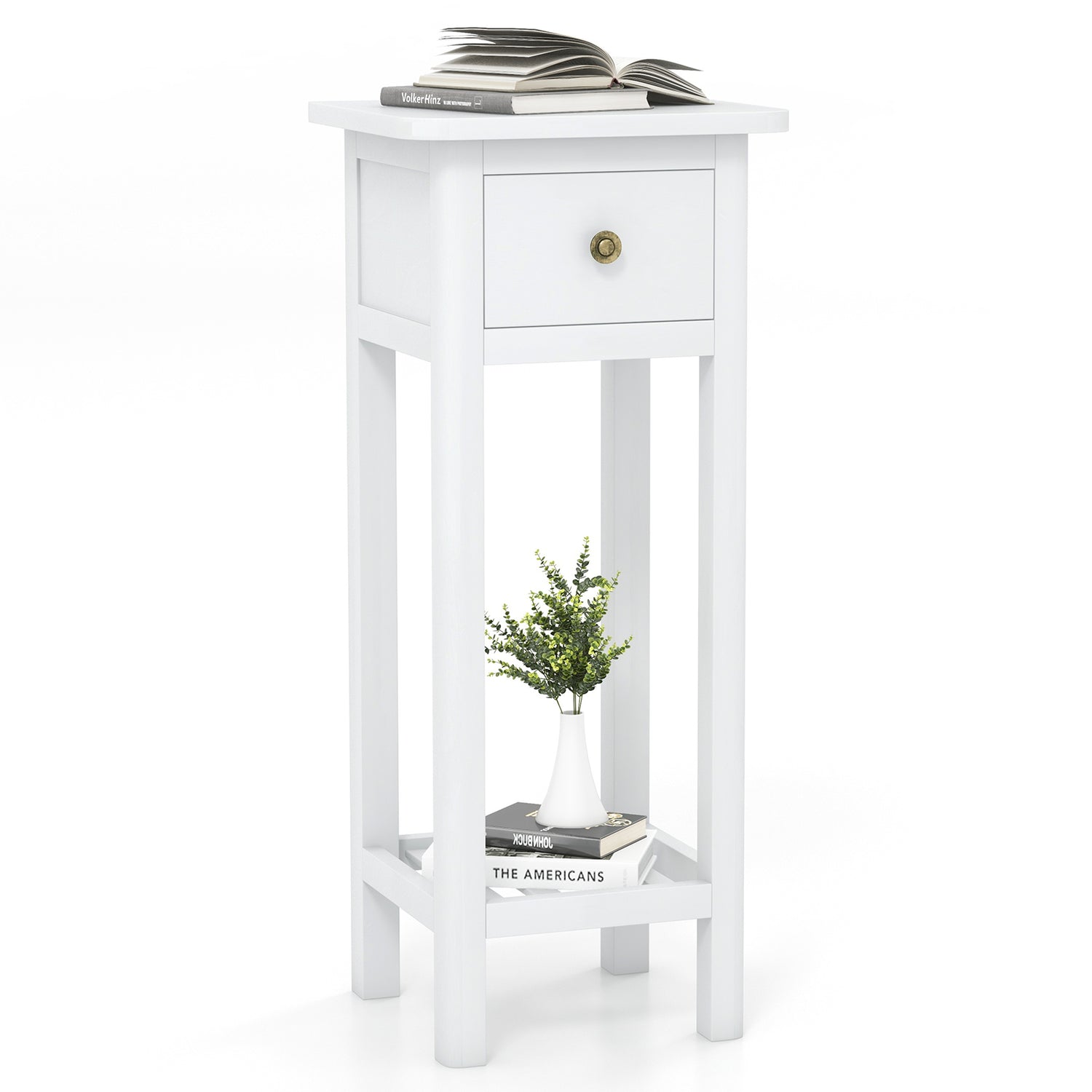 2 Tier Slim Nightstand Bedside Table with Drawer Shelf