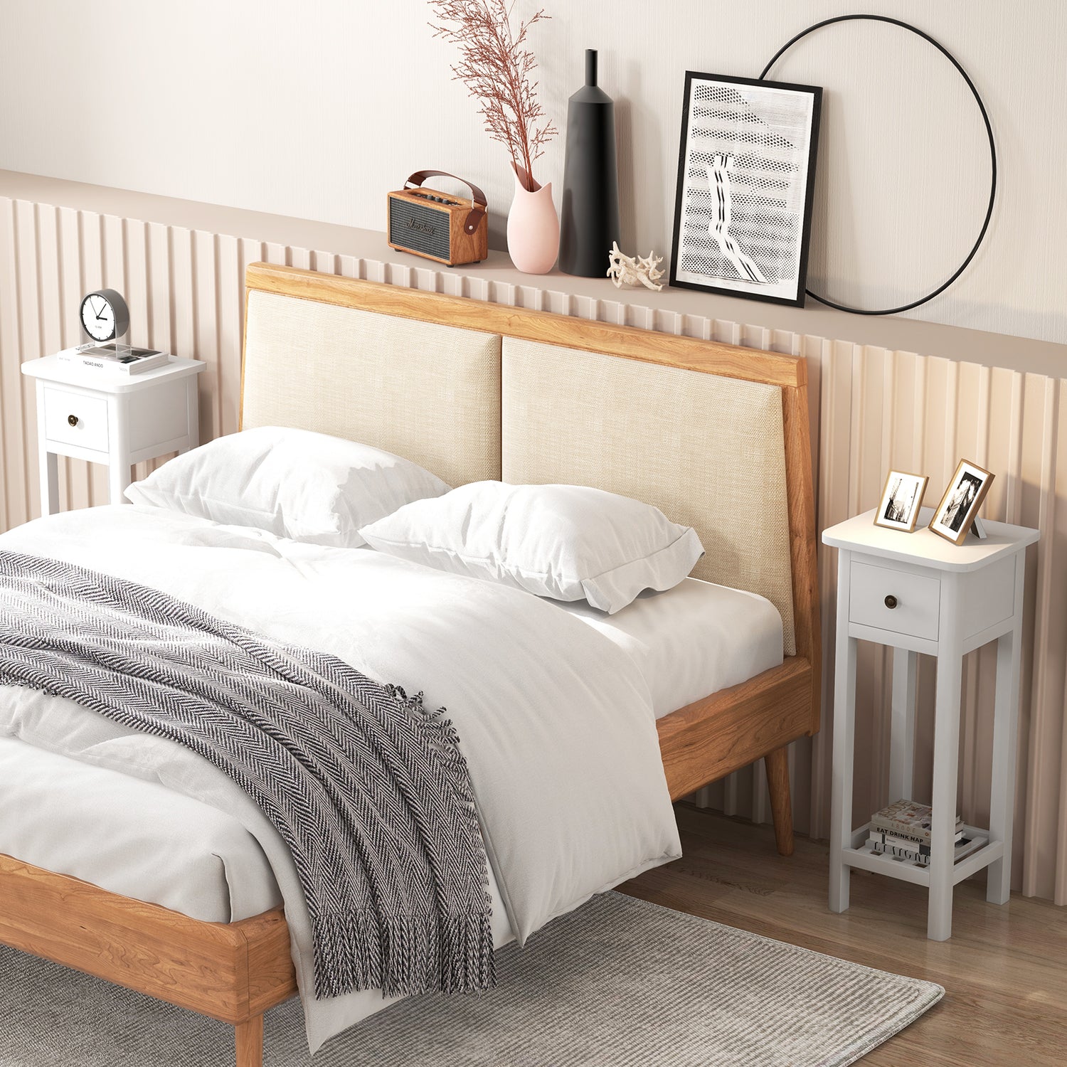 2 Tier Slim Nightstand Bedside Table with Drawer Shelf