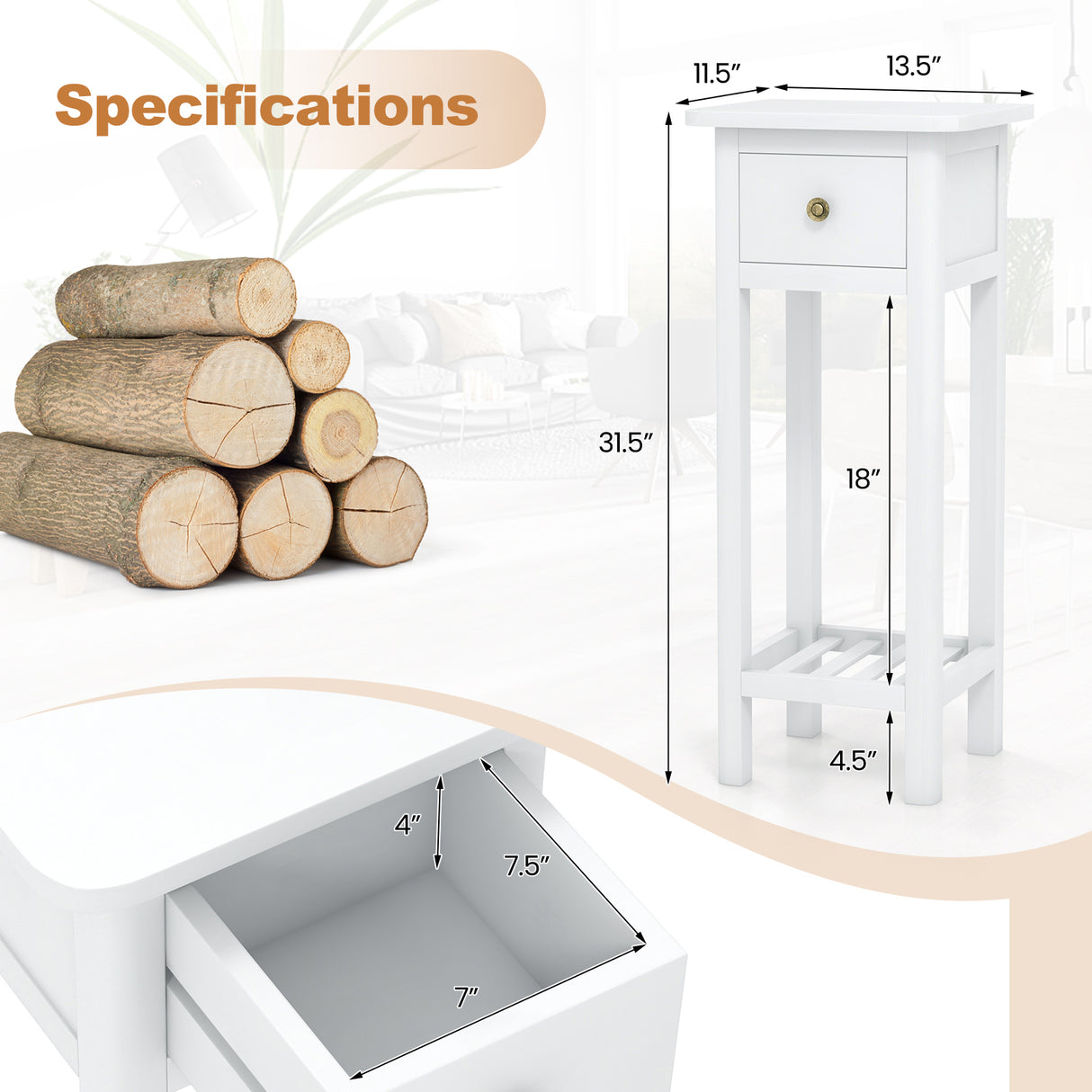 2 Tier Slim Nightstand Bedside Table with Drawer Shelf