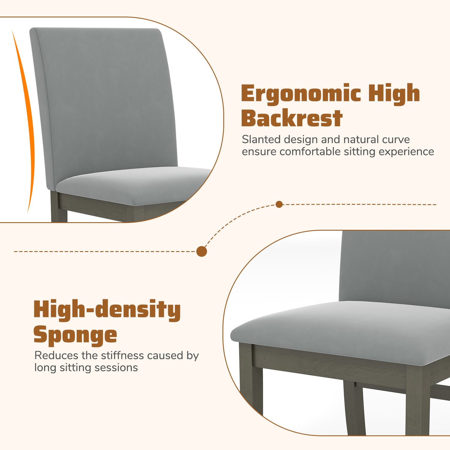 Upholstered Dining Chairs Set of 2 with Rubber Wood Legs and High Back-Gray