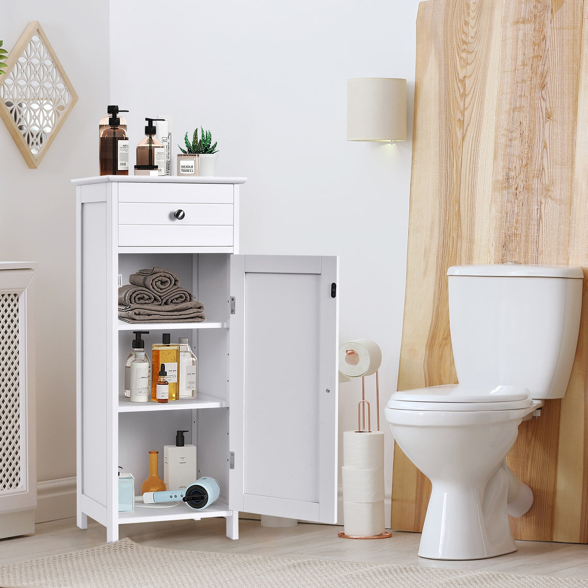 Wooden Storage Free-Standing Floor Cabinet with Drawer and Shelf