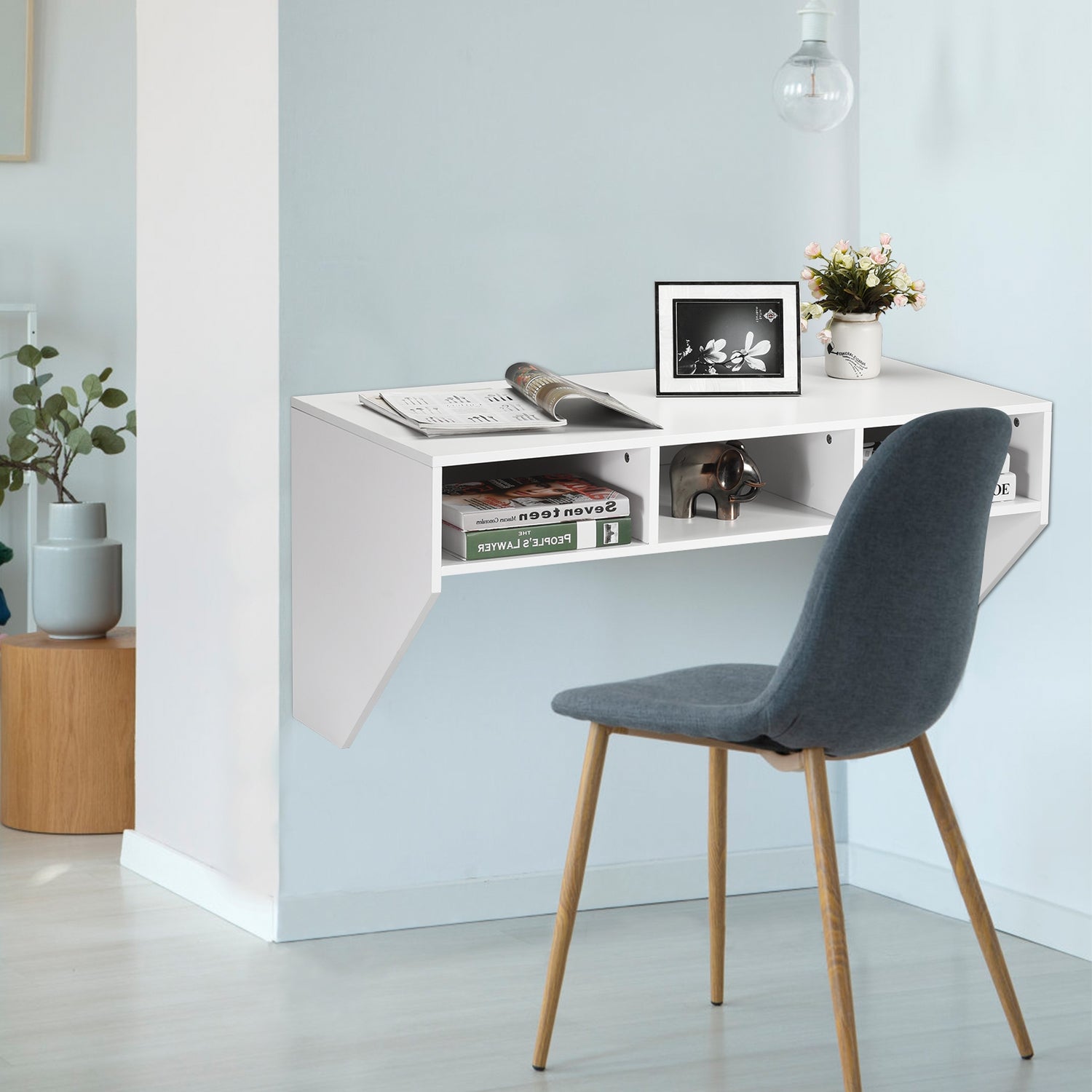 Wall Mounted Floating Sturdy Computer Table with Storage Shelf