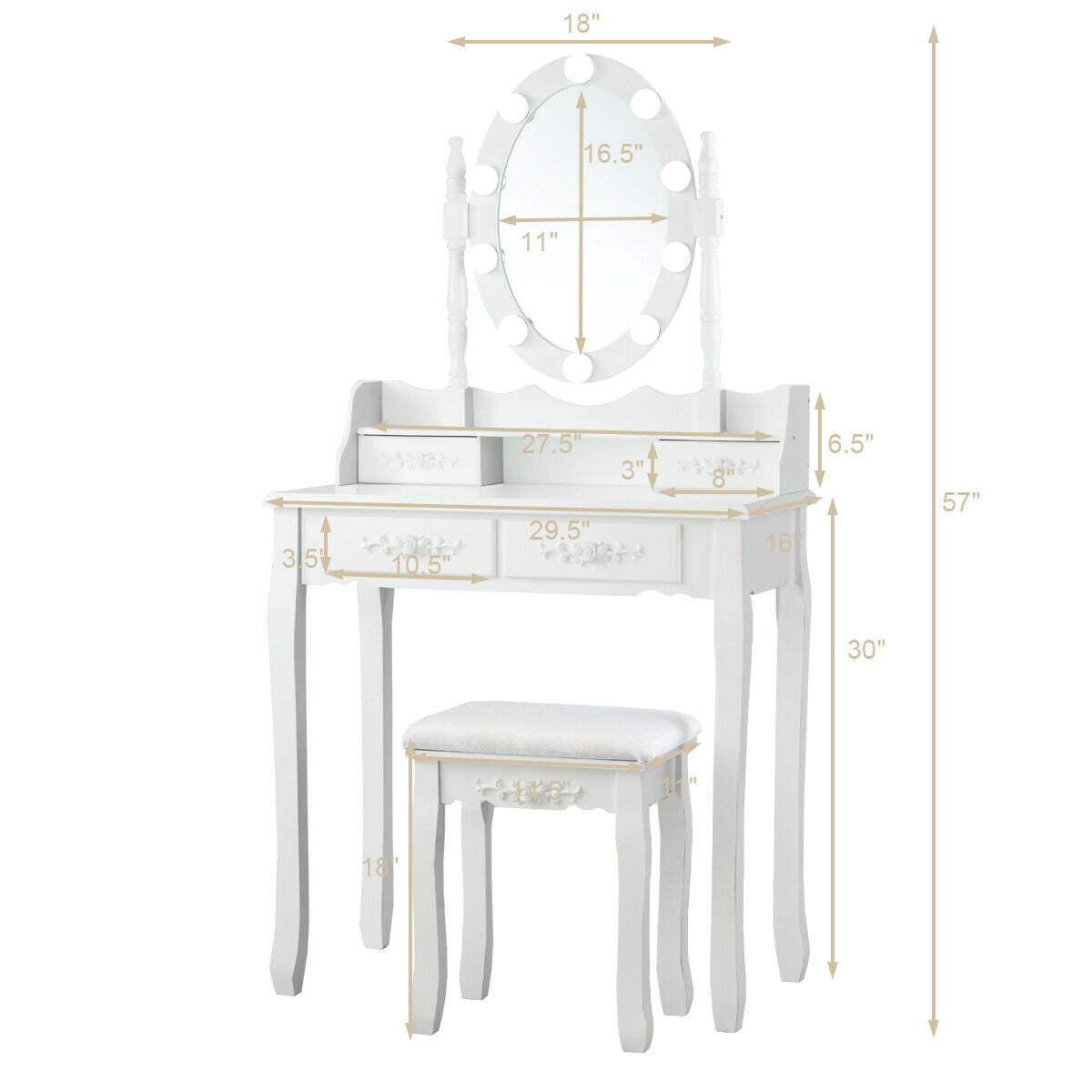 Makeup Dressing Table with Touch Switch Lighted Mirror and Cushioned Stool