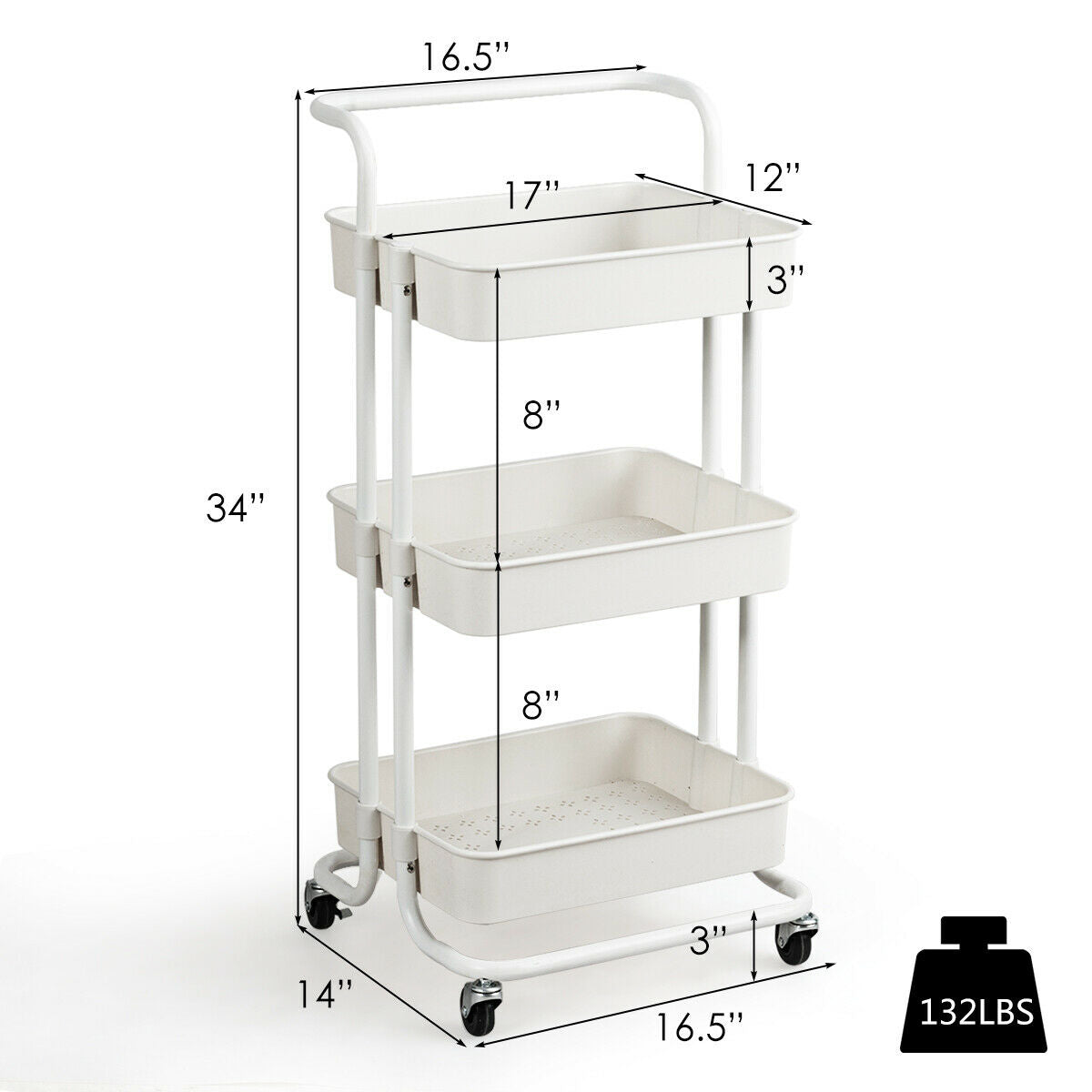 3-Tier Utility Cart Storage Rolling Cart with Casters