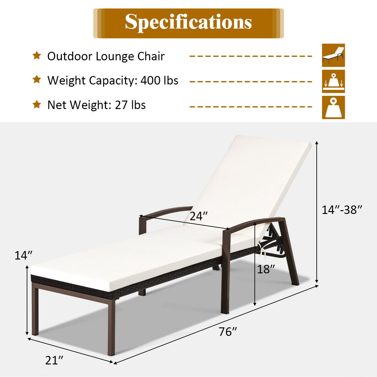 2 Pieces Patio Rattan Adjustable Back Lounge Chair with Armrest and Removable Cushions