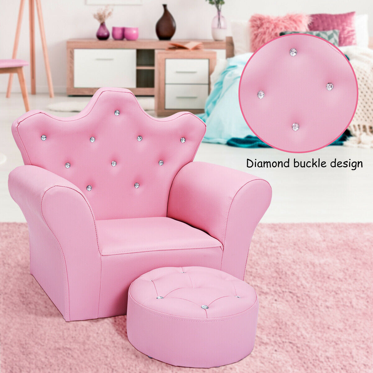Pink Kids Sofa Armrest Couch with Ottoman