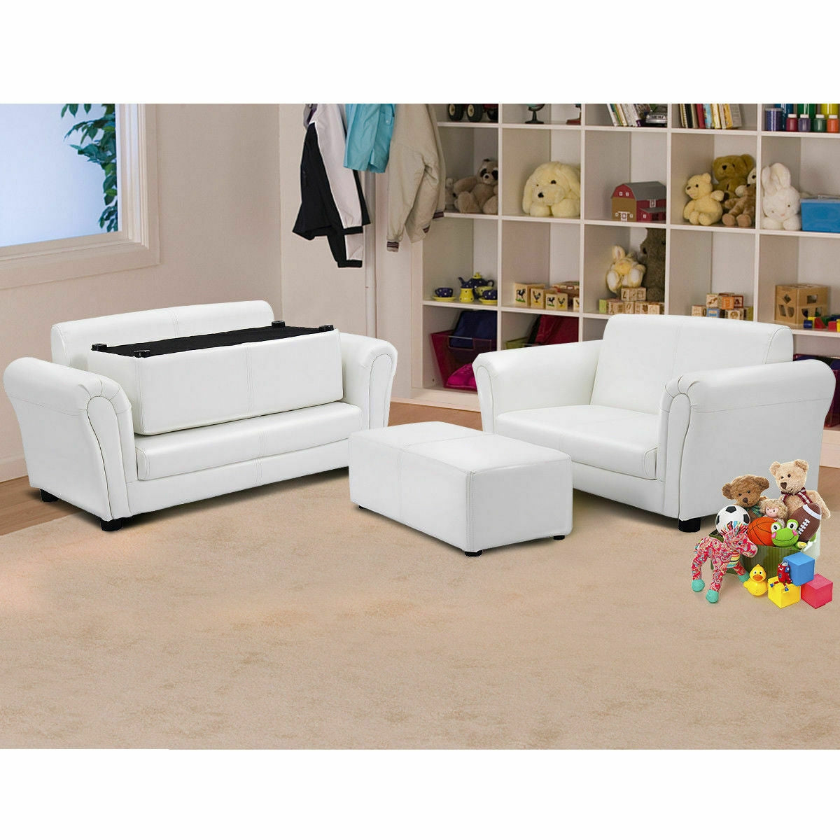 Black/White Kids Double Sofa with Ottoman
