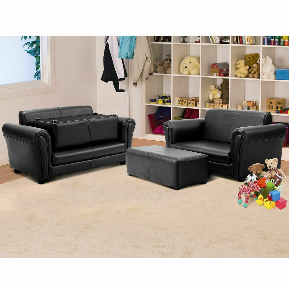 Black/White Kids Double Sofa with Ottoman