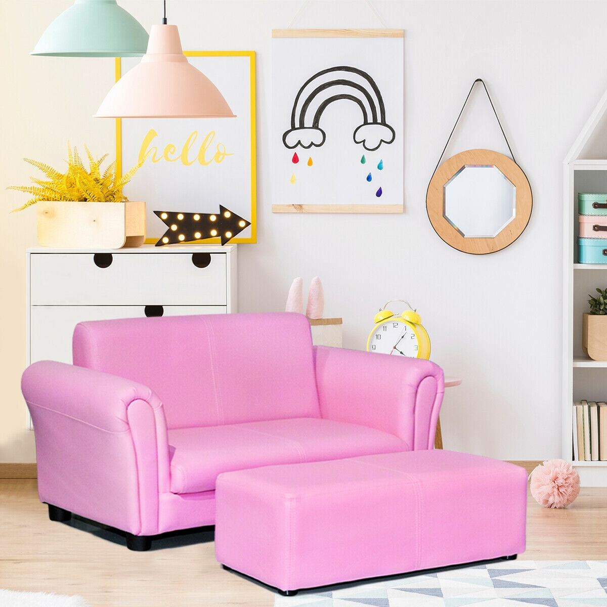Black/White Kids Double Sofa with Ottoman
