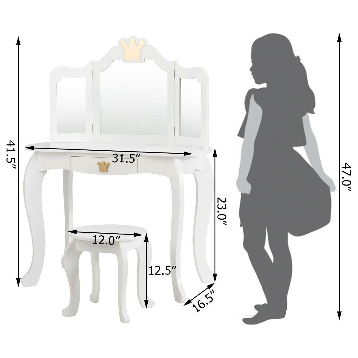 Kids Makeup Dressing Table with Tri-folding Mirror and Stool