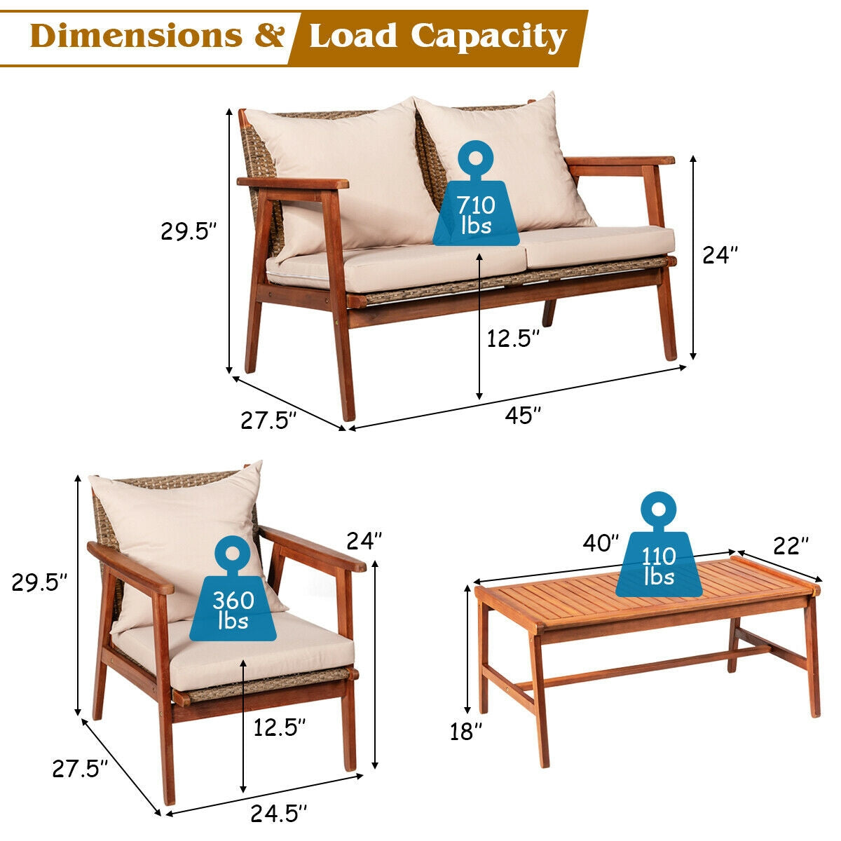 4 Pieces Acacia Wood Patio Rattan Furniture Set with Zippered Cushions