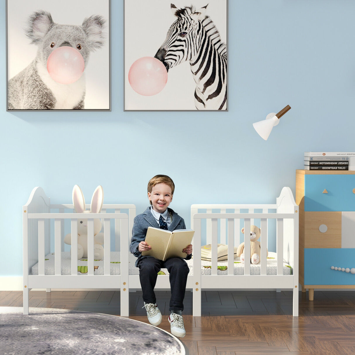 2-in-1 Classic Convertible Wooden Toddler Bed with 2 Side Guardrails for Extra Safety-White