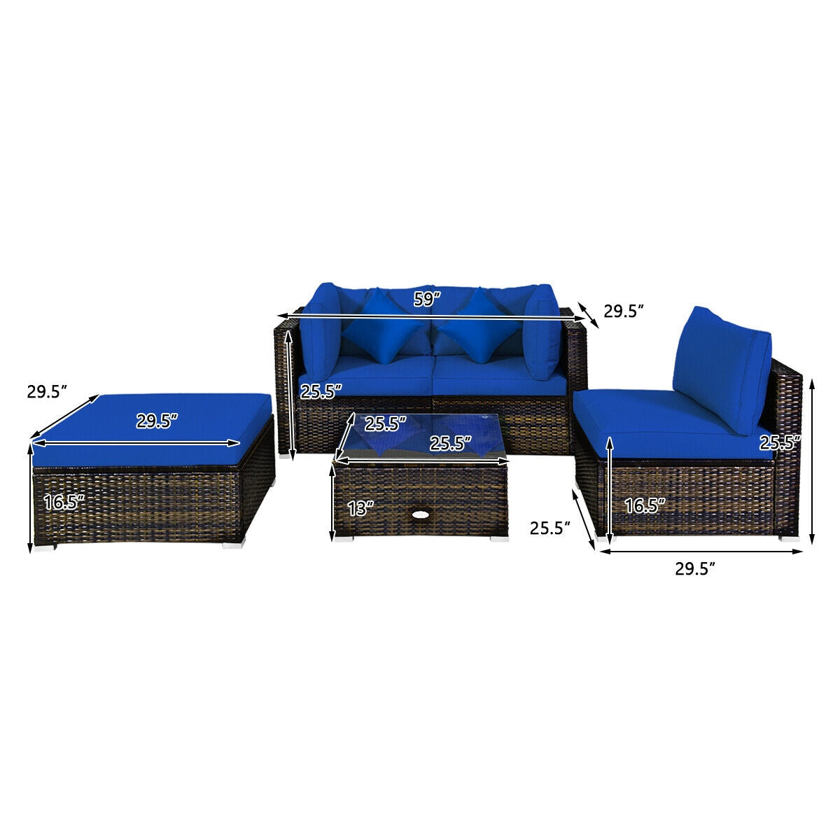 5 Pieces Outdoor Patio Rattan Furniture Set With Cushions