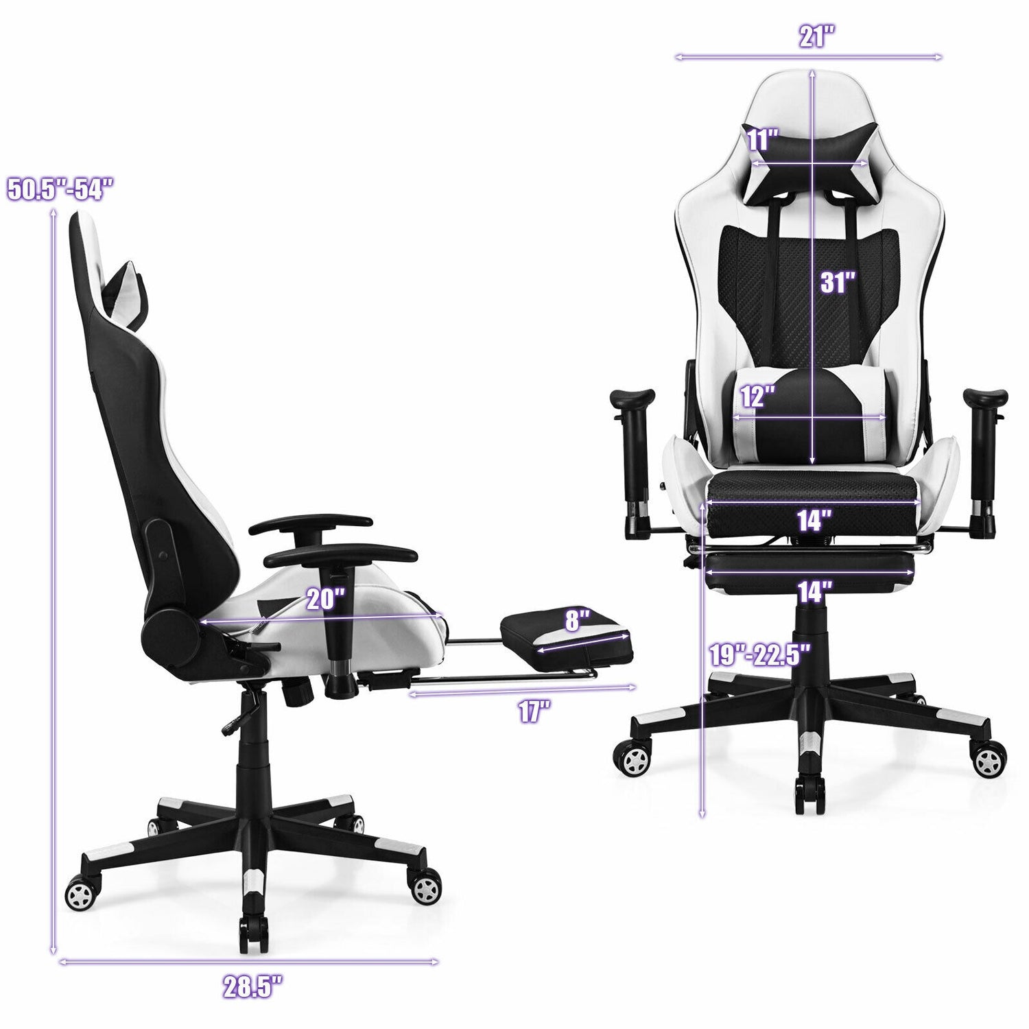 PU Leather Gaming Chair with USB Massage and Lumbar Pillow Footrest