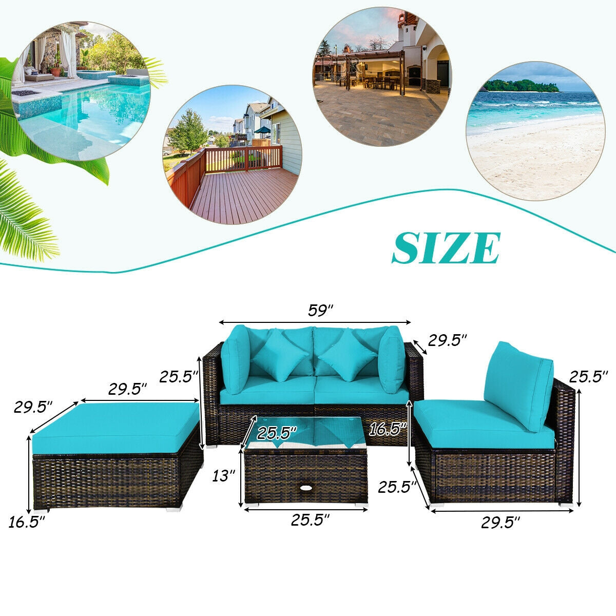 5 Pieces Outdoor Patio Rattan Furniture Set With Cushions