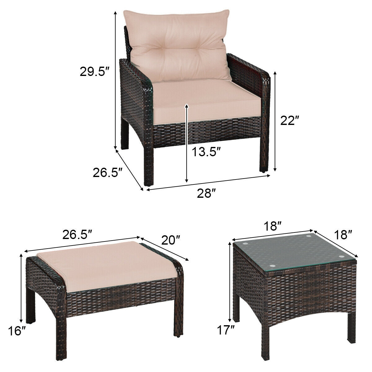 5 Pieces Patio Rattan Sofa Ottoman Furniture Set with Cushions