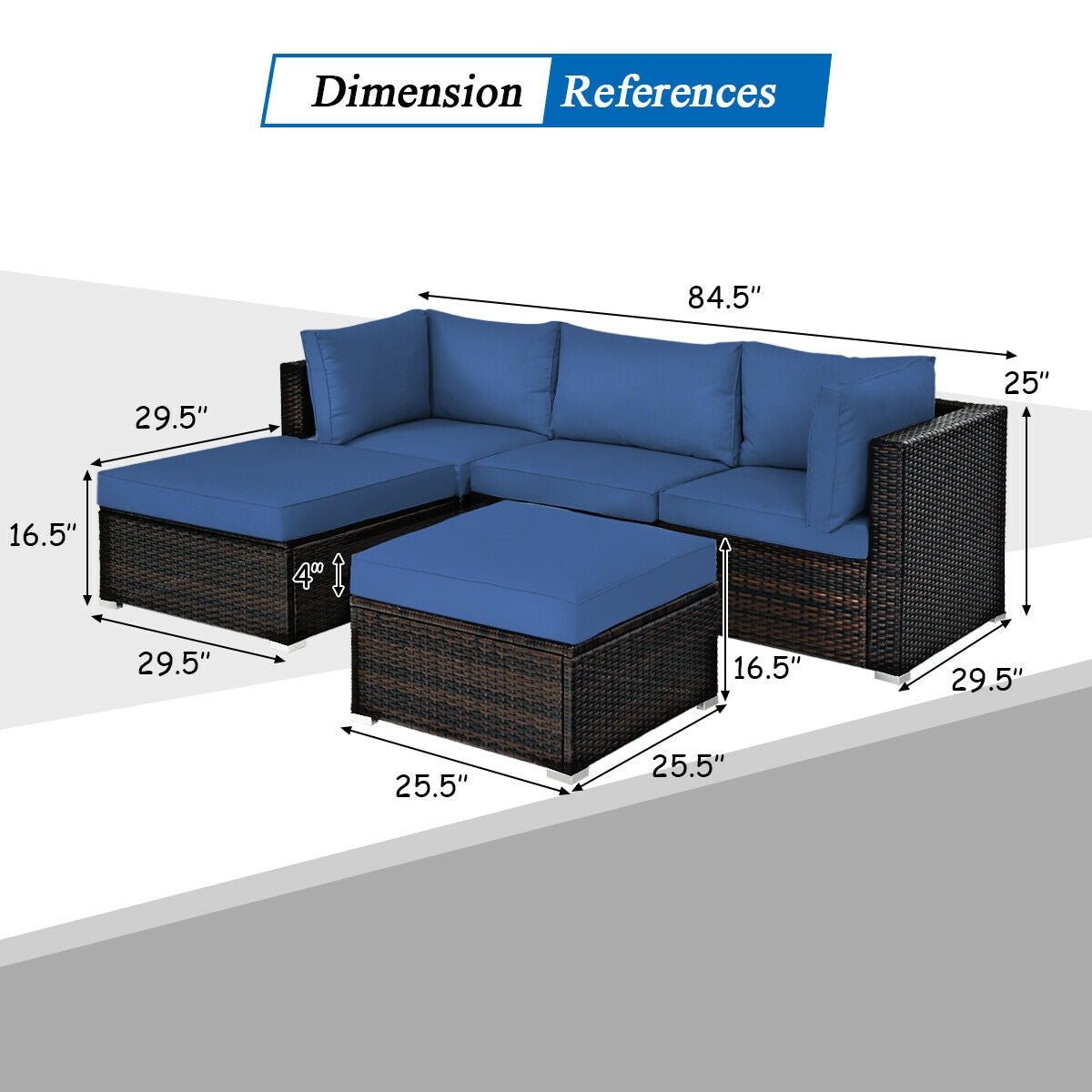 5 Pieces Patio Rattan Sectional Conversation Ottoman Furniture Set