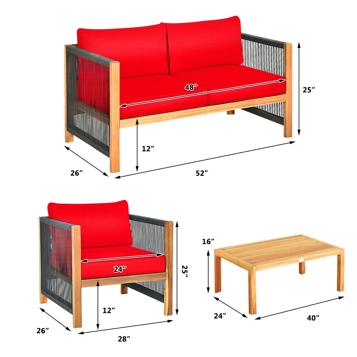4 Pieces Acacia Wood Outdoor Patio Furniture Set with Cushions