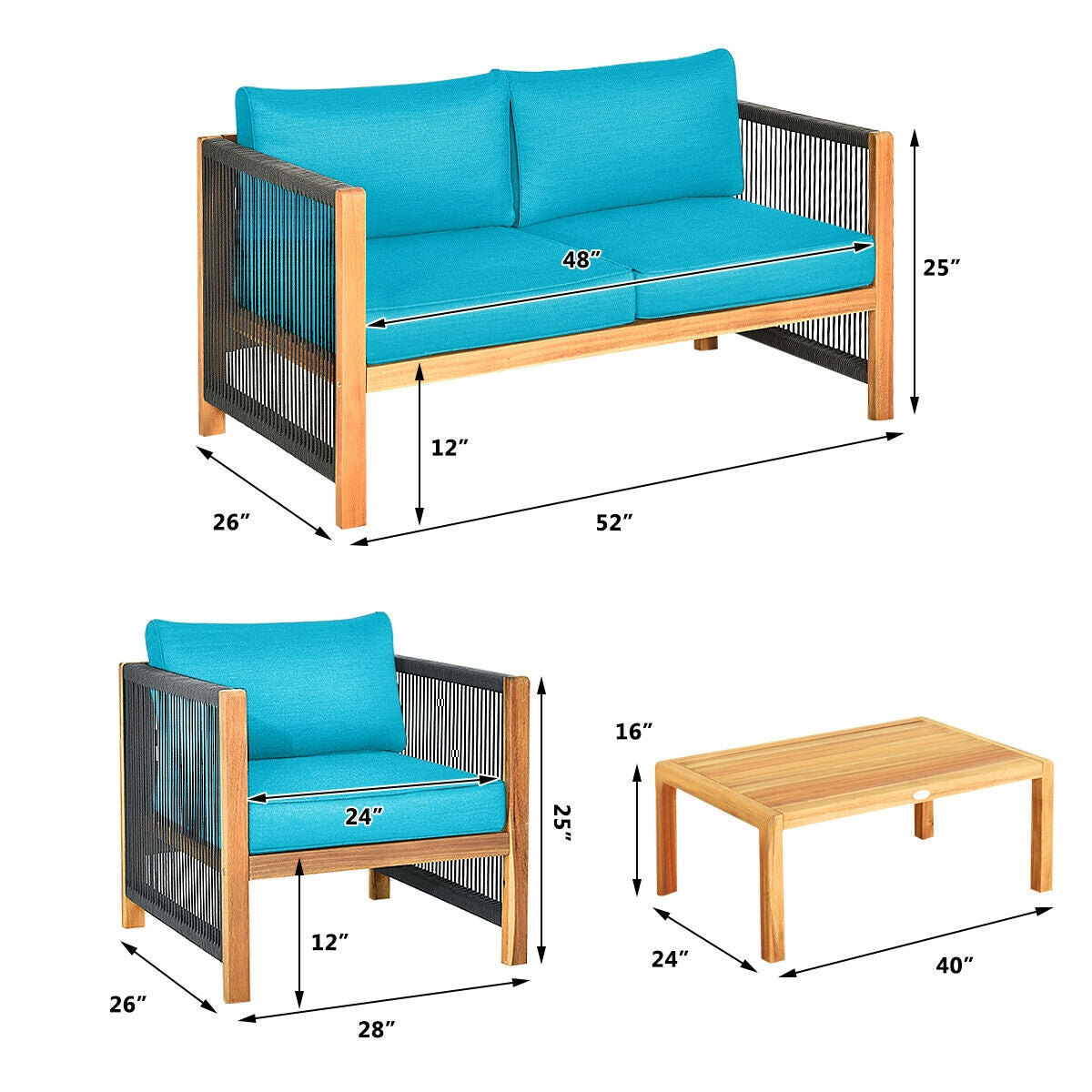 4 Pieces Acacia Wood Outdoor Patio Furniture Set with Cushions