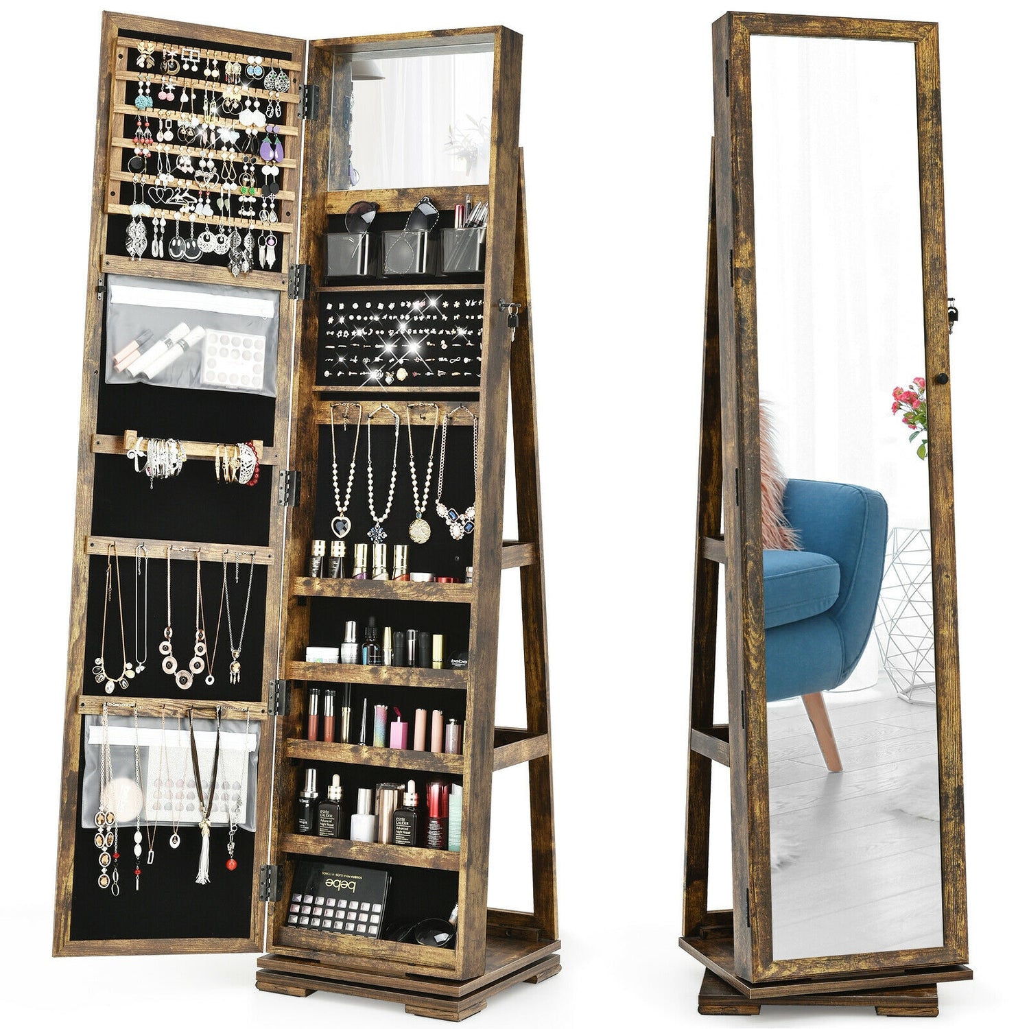 360° Rotatable 2-in-1 Lockable Jewelry Cabinet with Full-Length Mirror