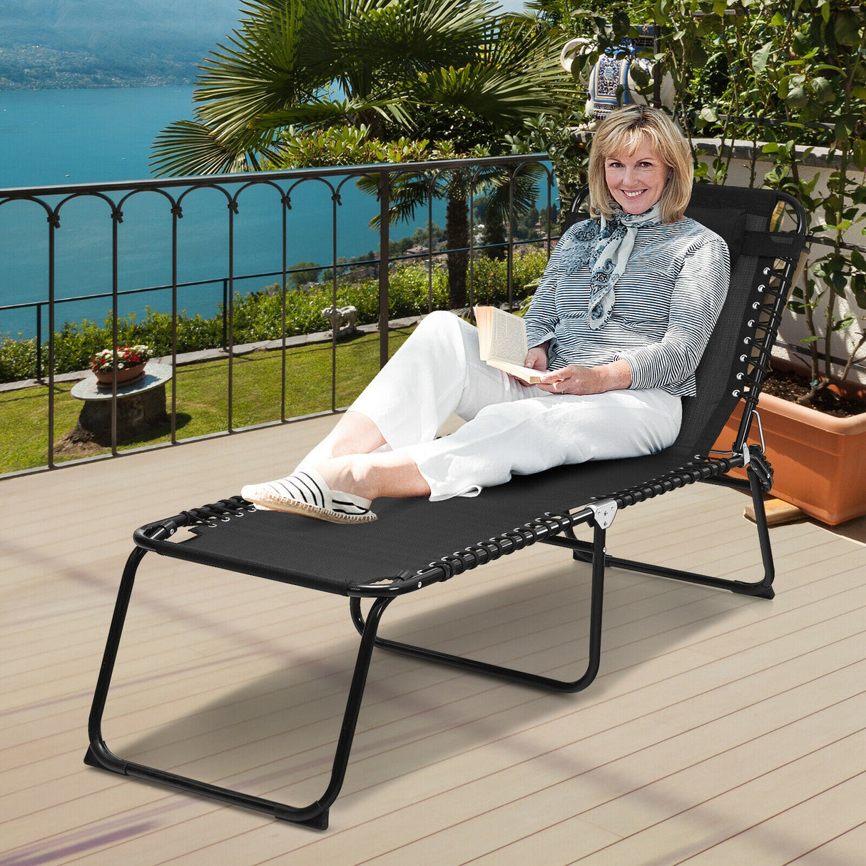 Folding Heightening Design Beach Lounge Chair with Pillow for Patio