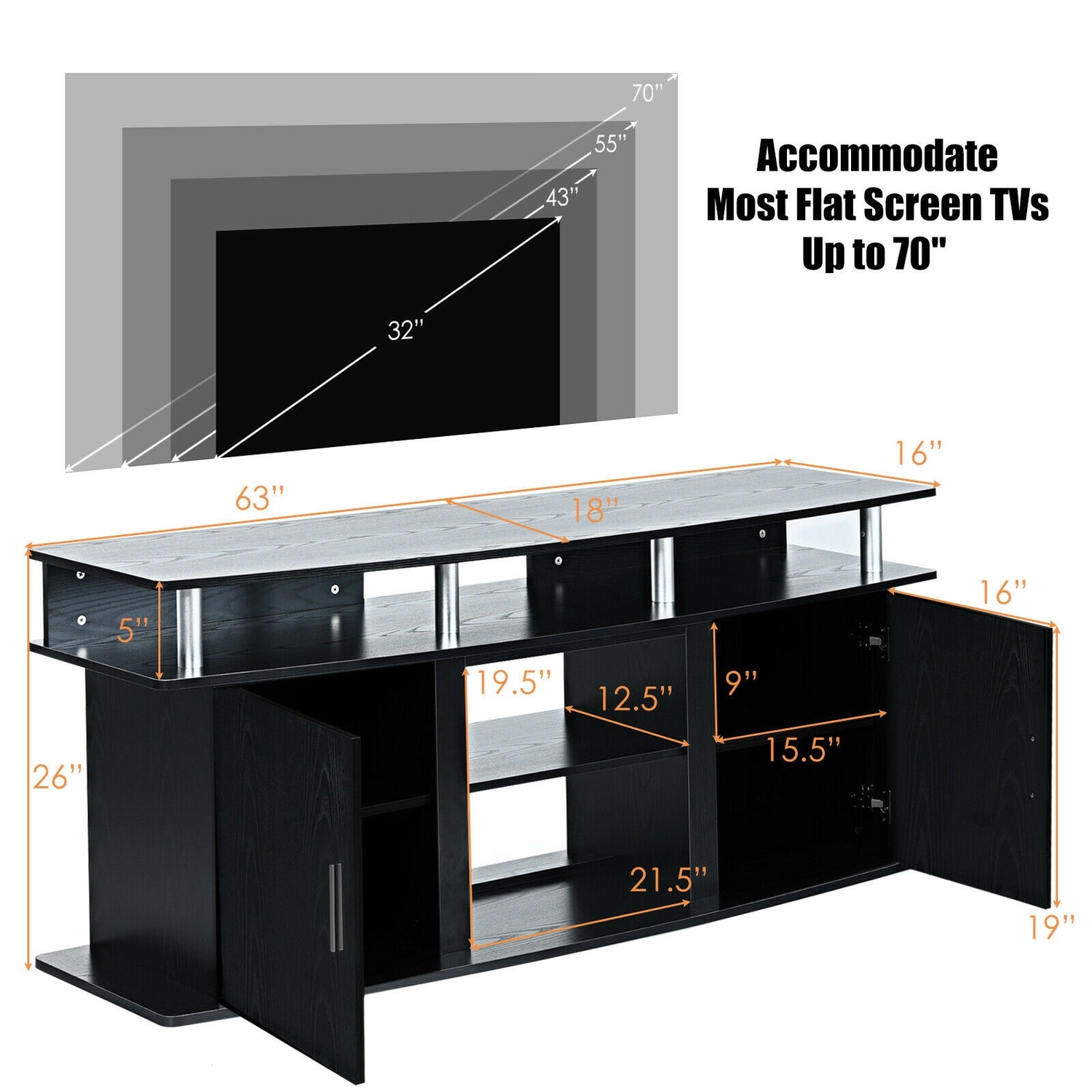 63 Inch TV Entertainment Console Center with 2 Cabinets