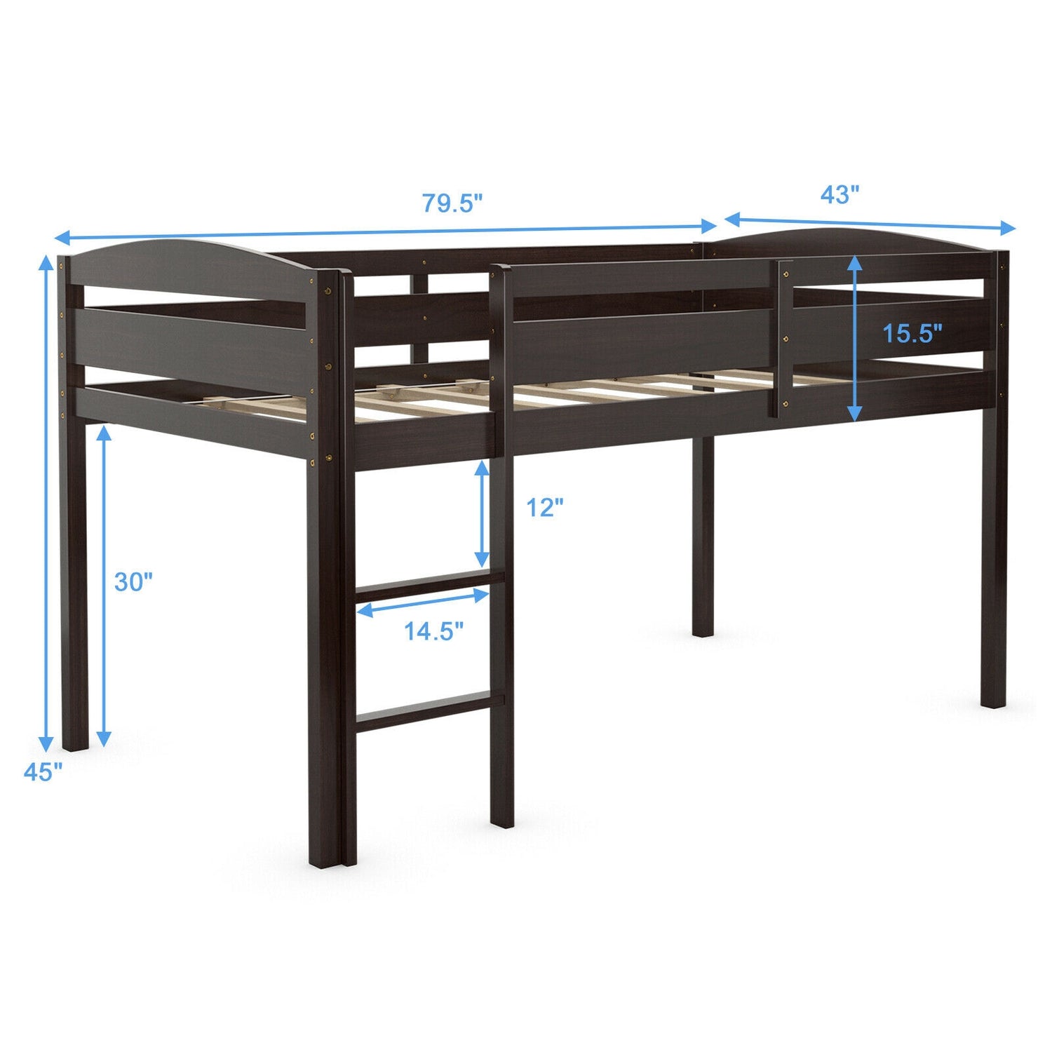 Wooden Twin Low Loft Bunk Bed with Guard Rail and Ladder