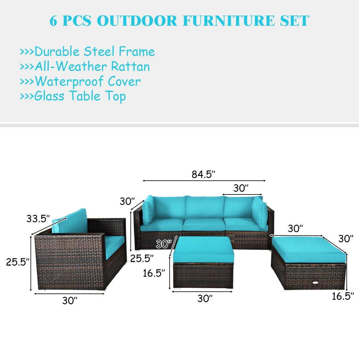 6 Pcs Patio Rattan Furniture Set with Sectional Cushion