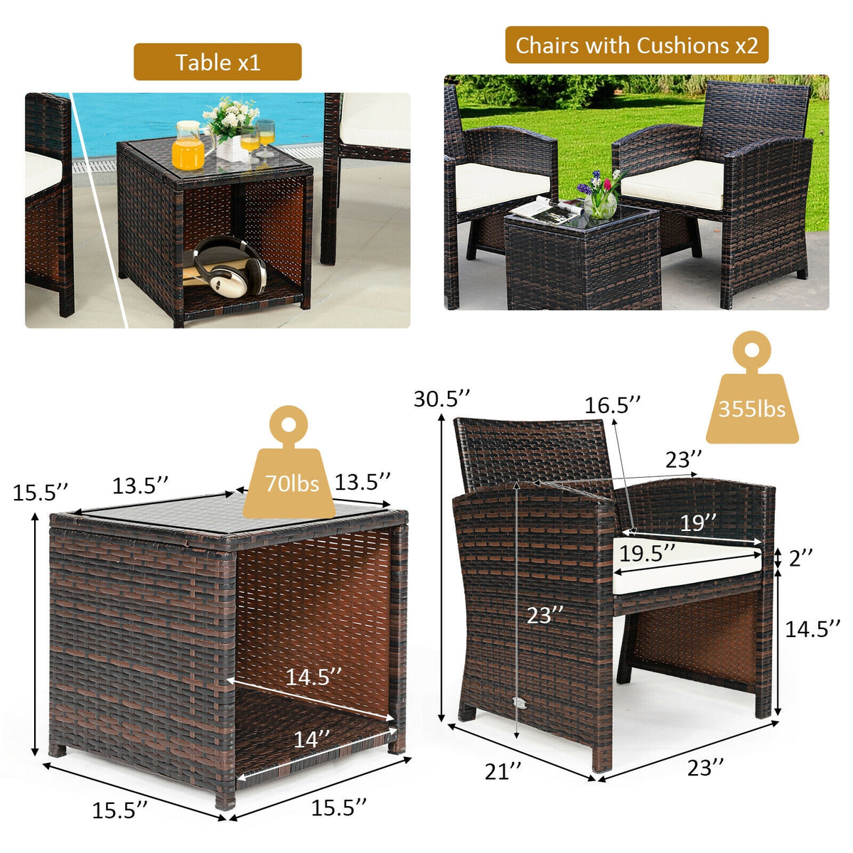 3 Pieces PE Rattan Wicker Furniture Set with Cushion Sofa Coffee Table for Garden