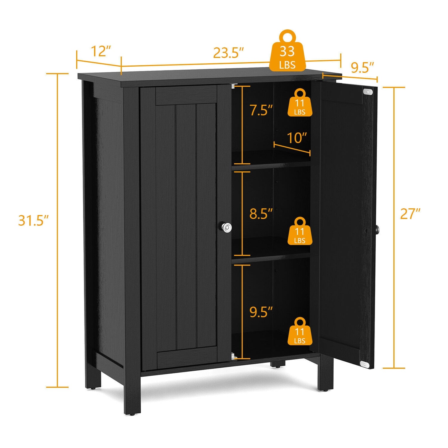2-Door Bathroom Floor Storage Cabinet with Adjustable Shelf