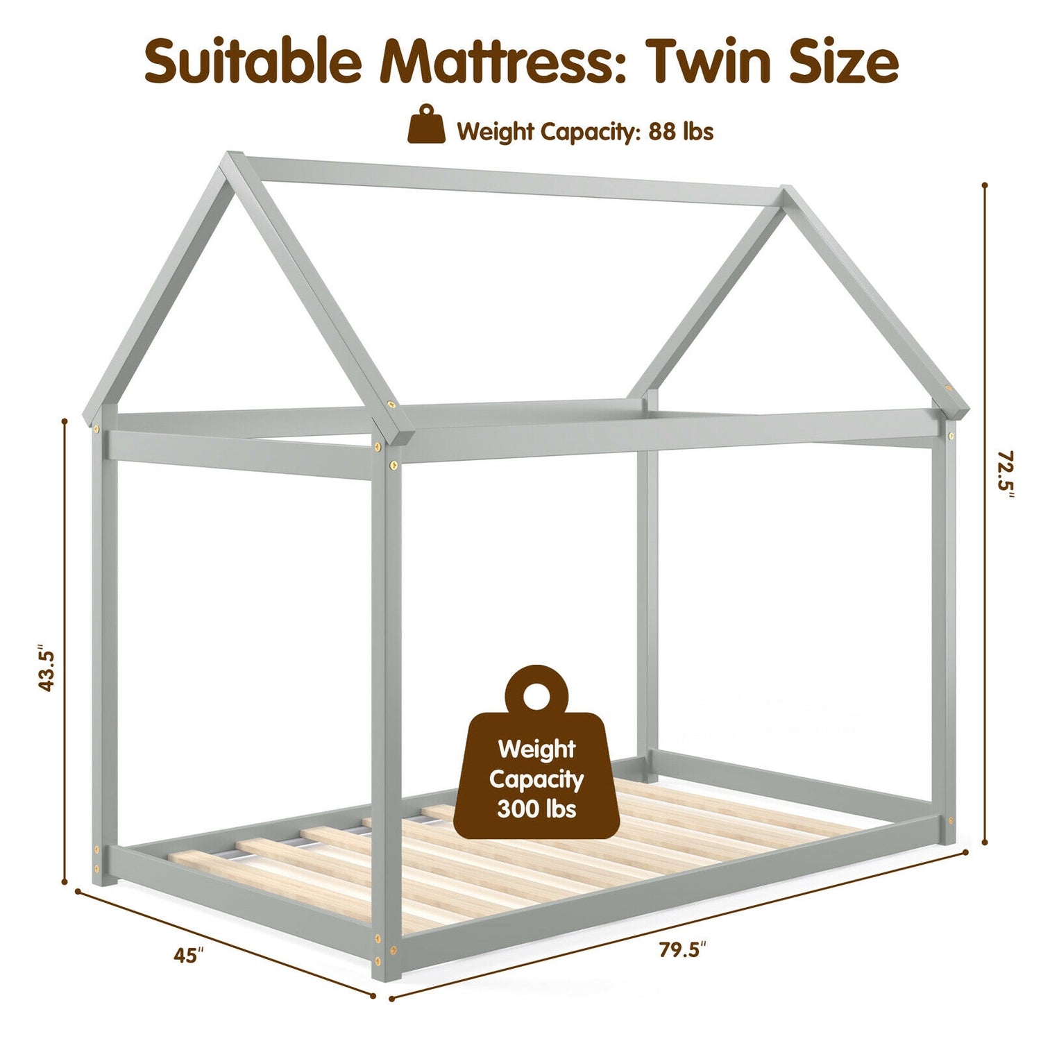 Stable Kids Platform Floor Bed with Roof ang Heavy-Duty Slats