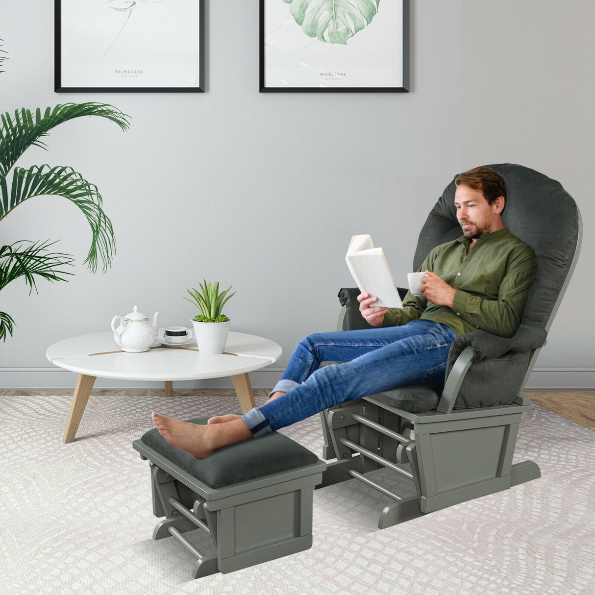 Baby Nursery Wooden Rocking Chair with Armrests and Cushion-Dark Gray