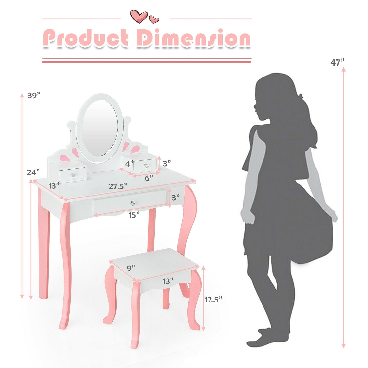 Kids Vanity Princess Makeup Dressing Table Stool Set with Mirror and Drawer