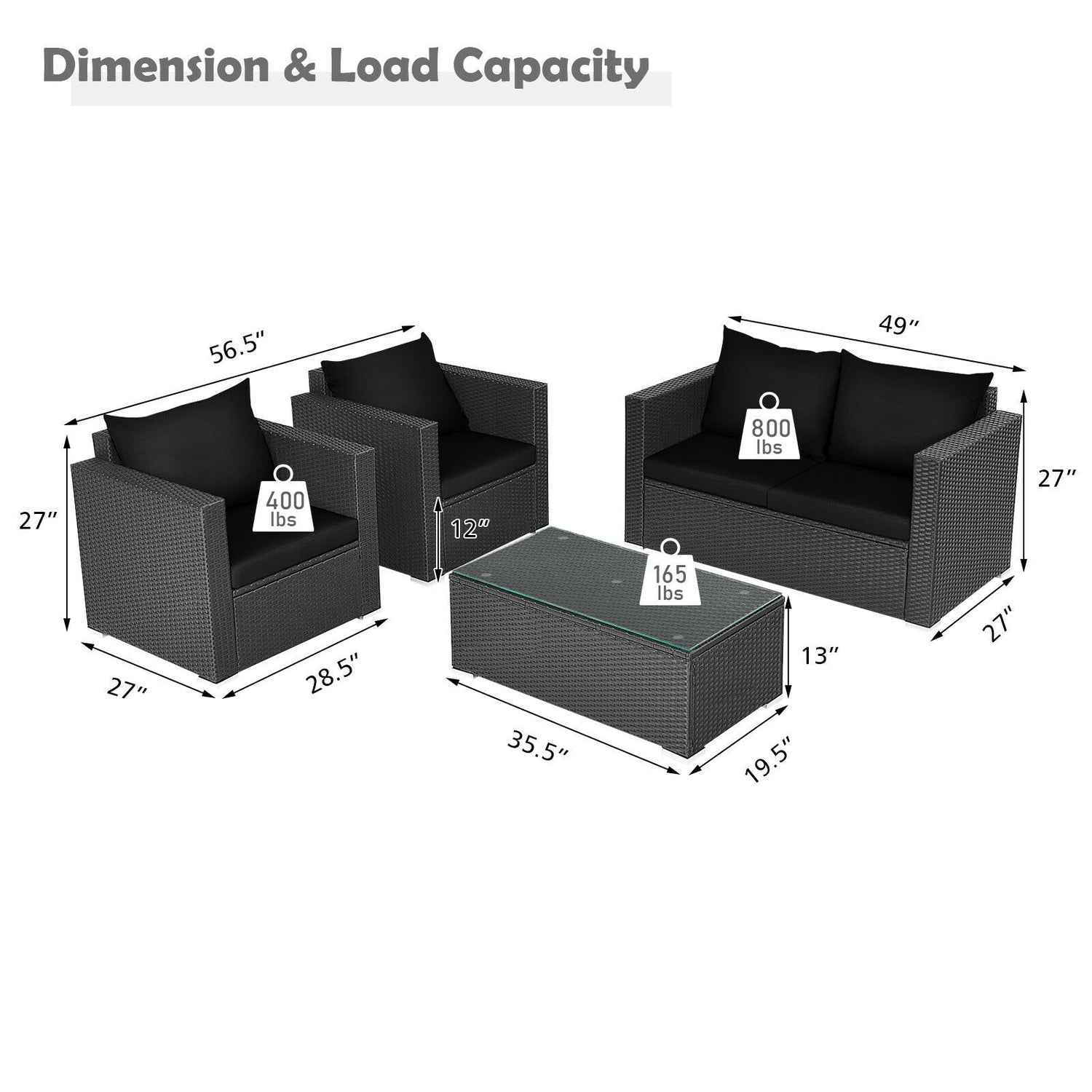 4 Pieces Patio Rattan Conversation Set with Cushions and Coffee Table