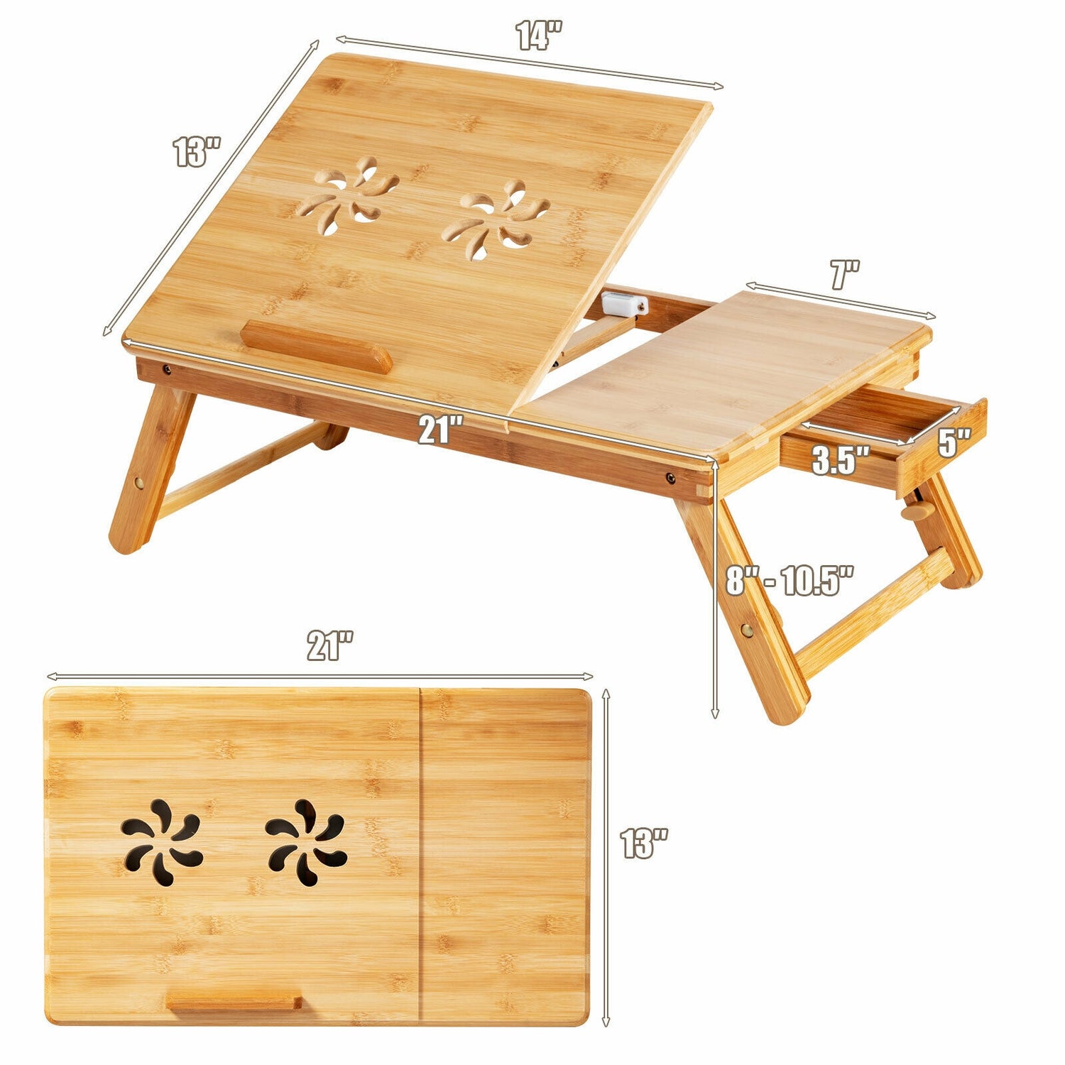 Bamboo Laptop Lap Tray with Adjustable Legs and Tilting Heat-dissipation Top