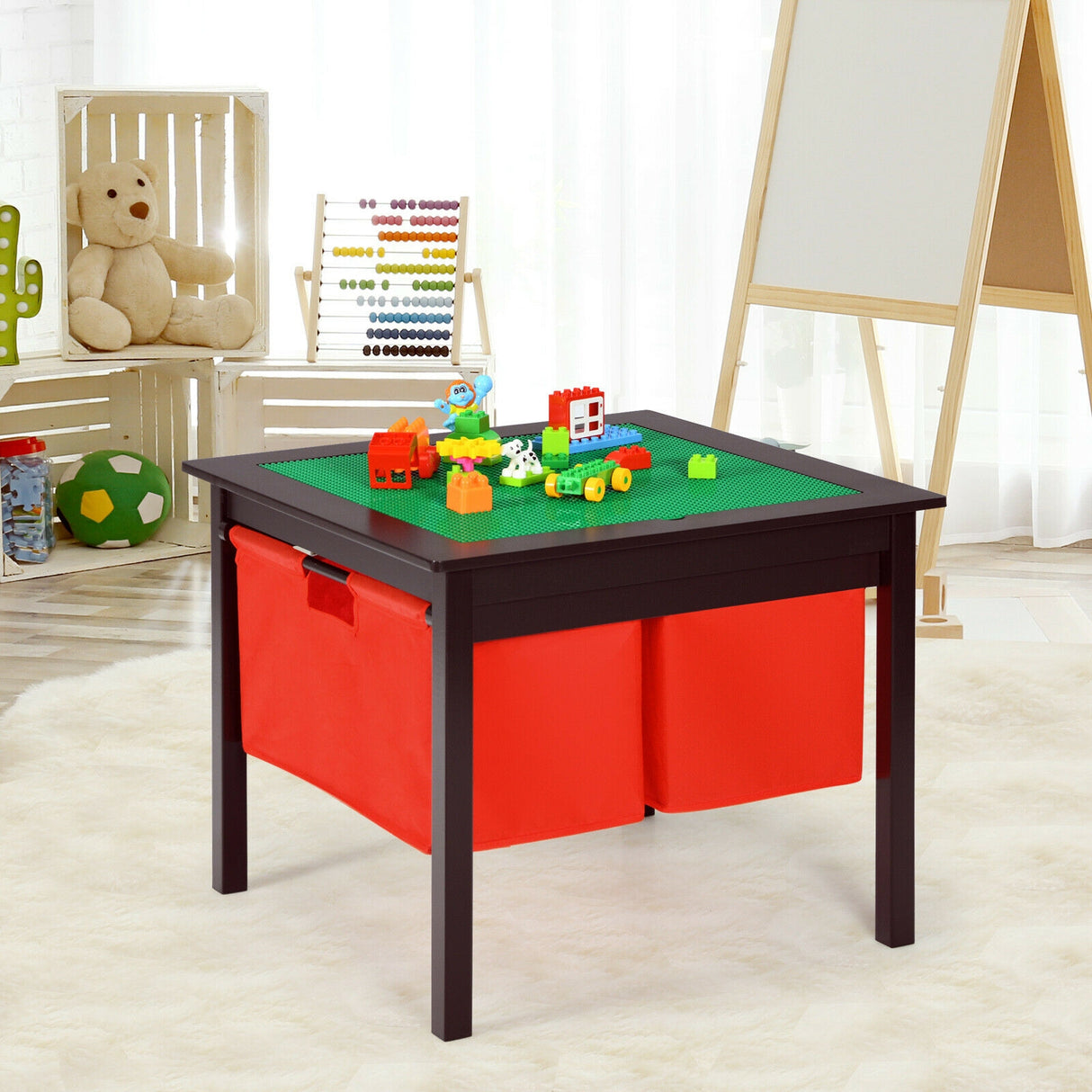 2-in-1 Kids Double-sided Activity Building Block Table with Drawers