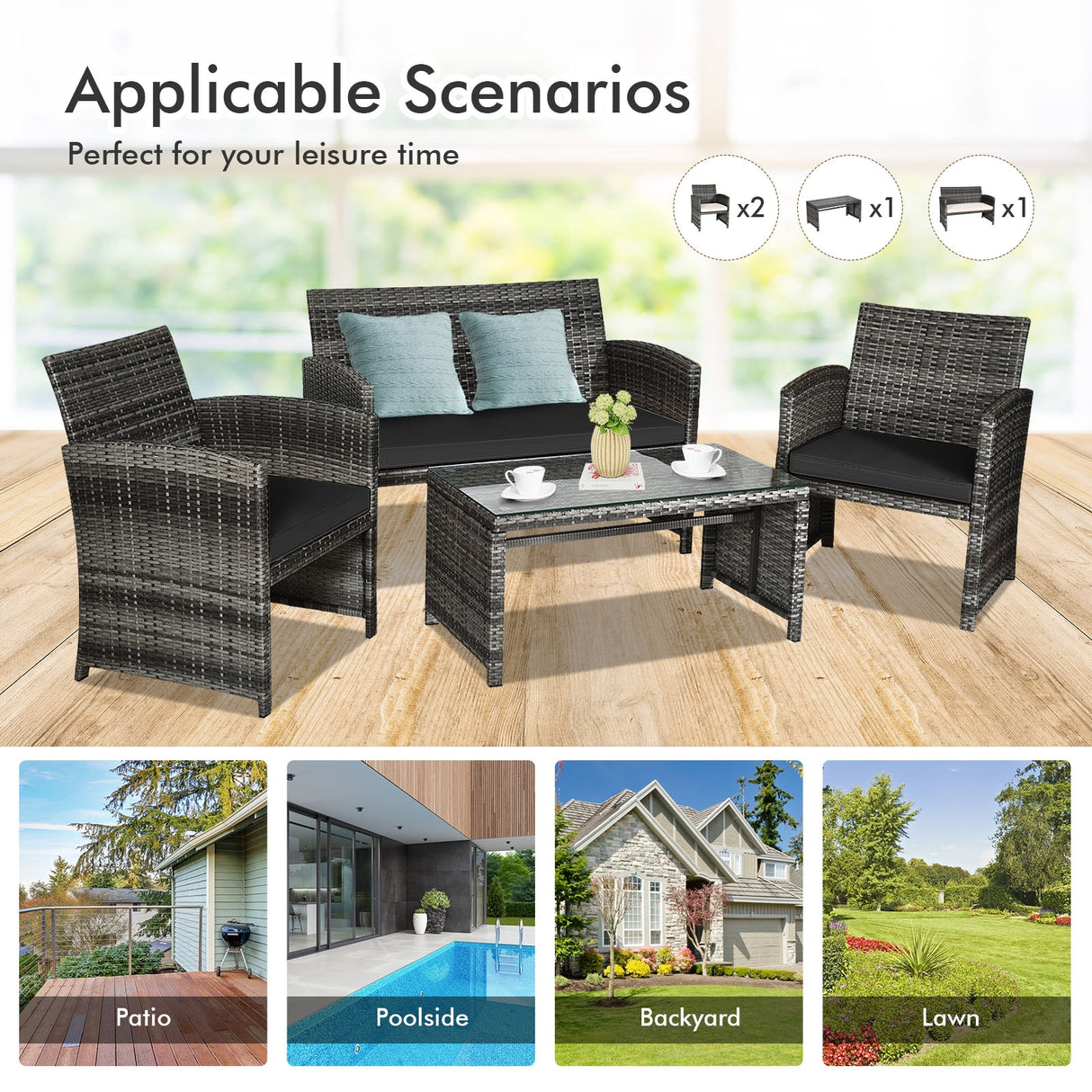 4 Pcs Patio Rattan Furniture Set Top Sofa With Glass Table