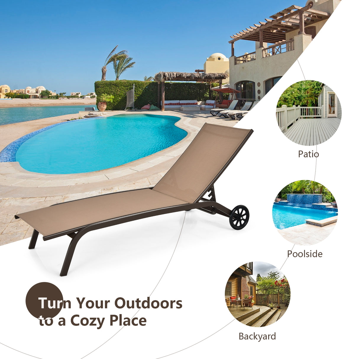 6-Poisition Adjustable Outdoor Chaise Recliner with Wheels