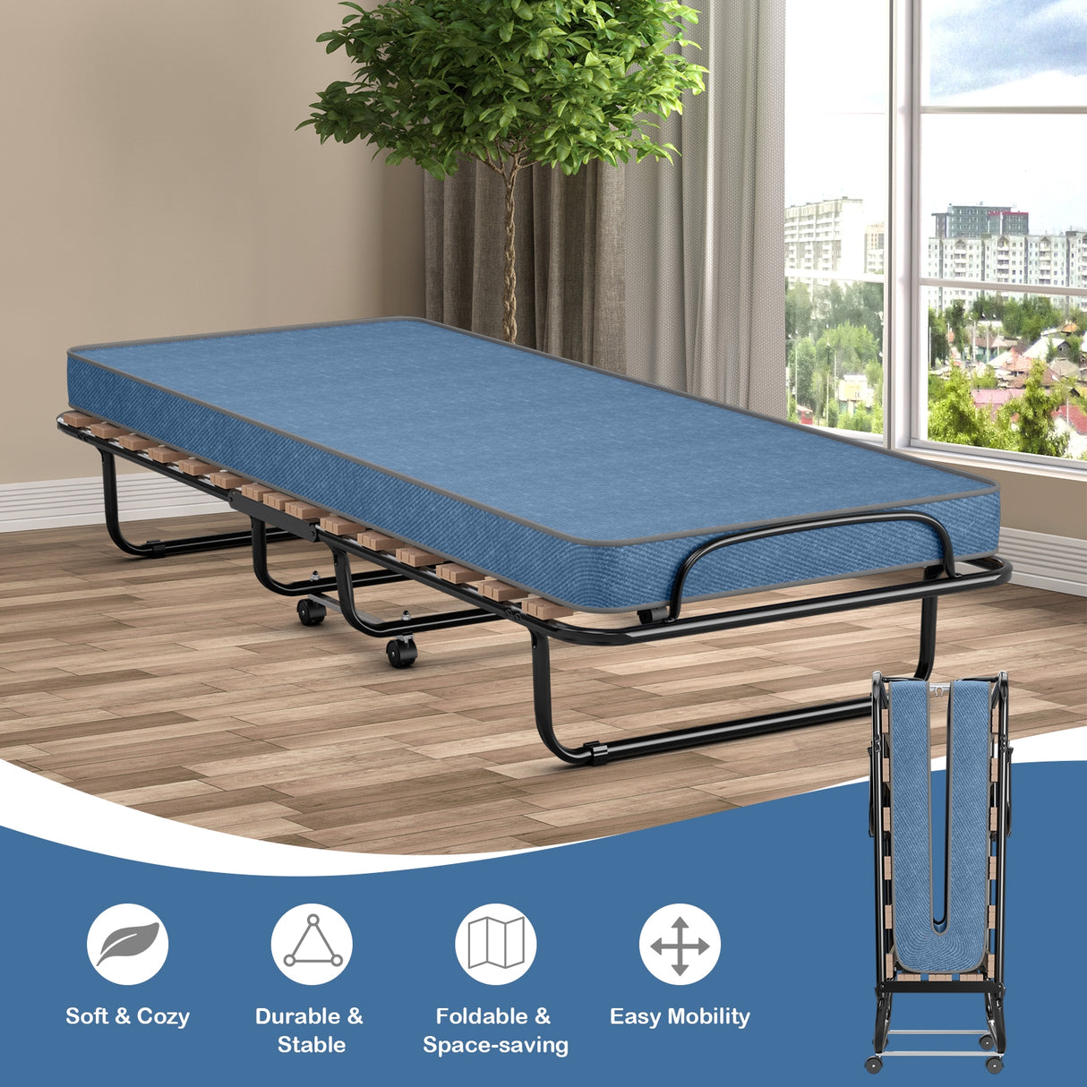 Portable Folding Bed with Memory Foam Mattress and Sturdy Metal Frame Made in Italy